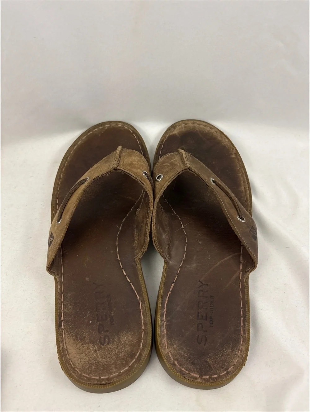 Sperry Top Sider Logo Brown Leather Casual Flip Flop Sandals Shoes Mens 12.5
